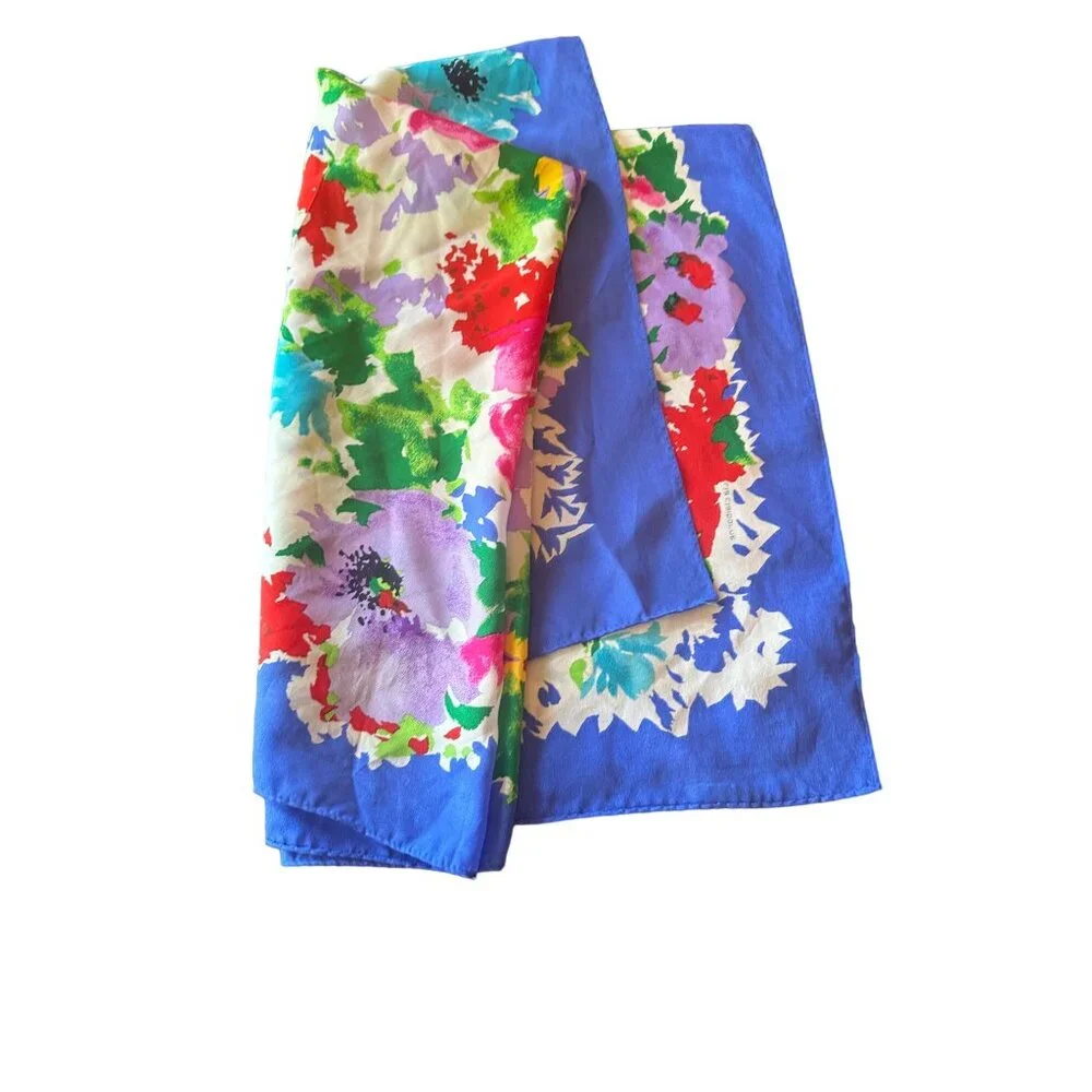 Liz Claiborne Scarf Blue Pink Floral‎ Print Square Silk Blend Vintage Neck Scarf